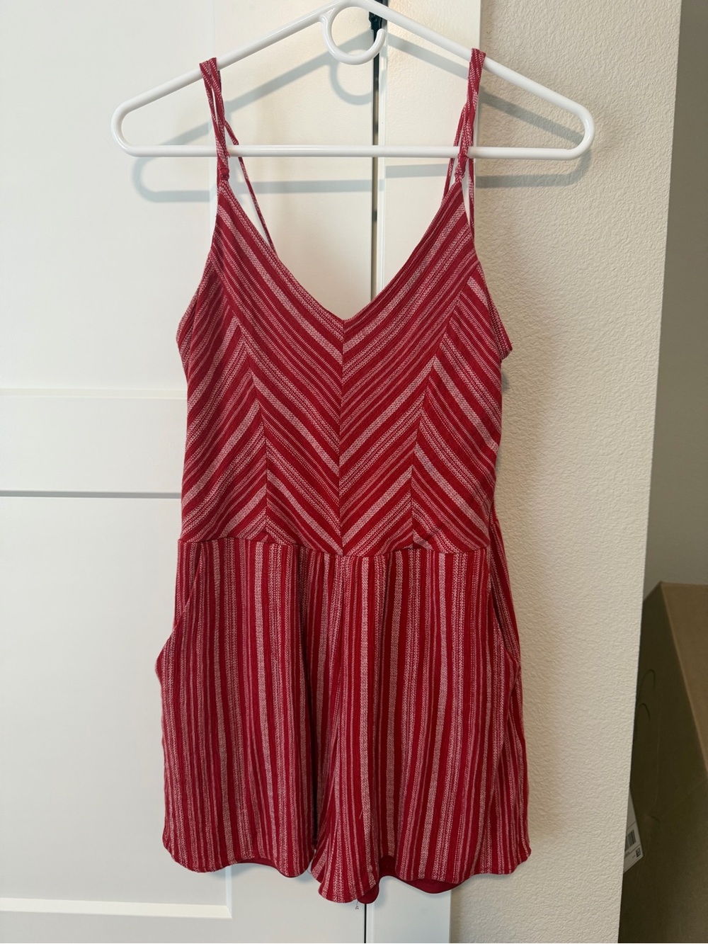 Women’s Red Striped V-Neck Spaghetti Strap Romper with pockets size S/M #summer